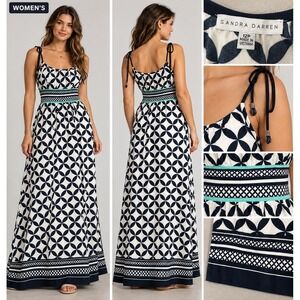 Sandra Darren Maxi Dress Womens 12P Navy White Coastal Americana Tassel Dress
